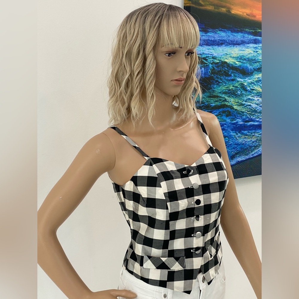 Unique Black and White Checkered 100% Raw Silk Button Down “Vest” Top, Size S